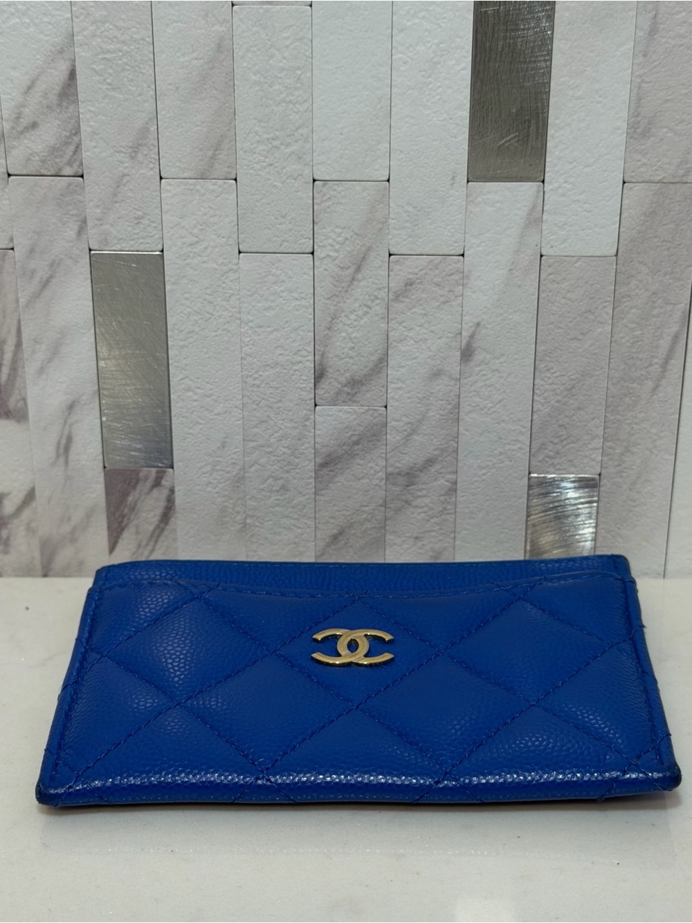 💙*RARE* CHANEL Caviar Quilted Card Holder Wallet in Cobalt Blue - Picture 9 of 15